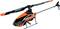 Orange and black toy helicopter with rotating rotor blades and a sturdy landing pad. Includes safety warning on rotor.