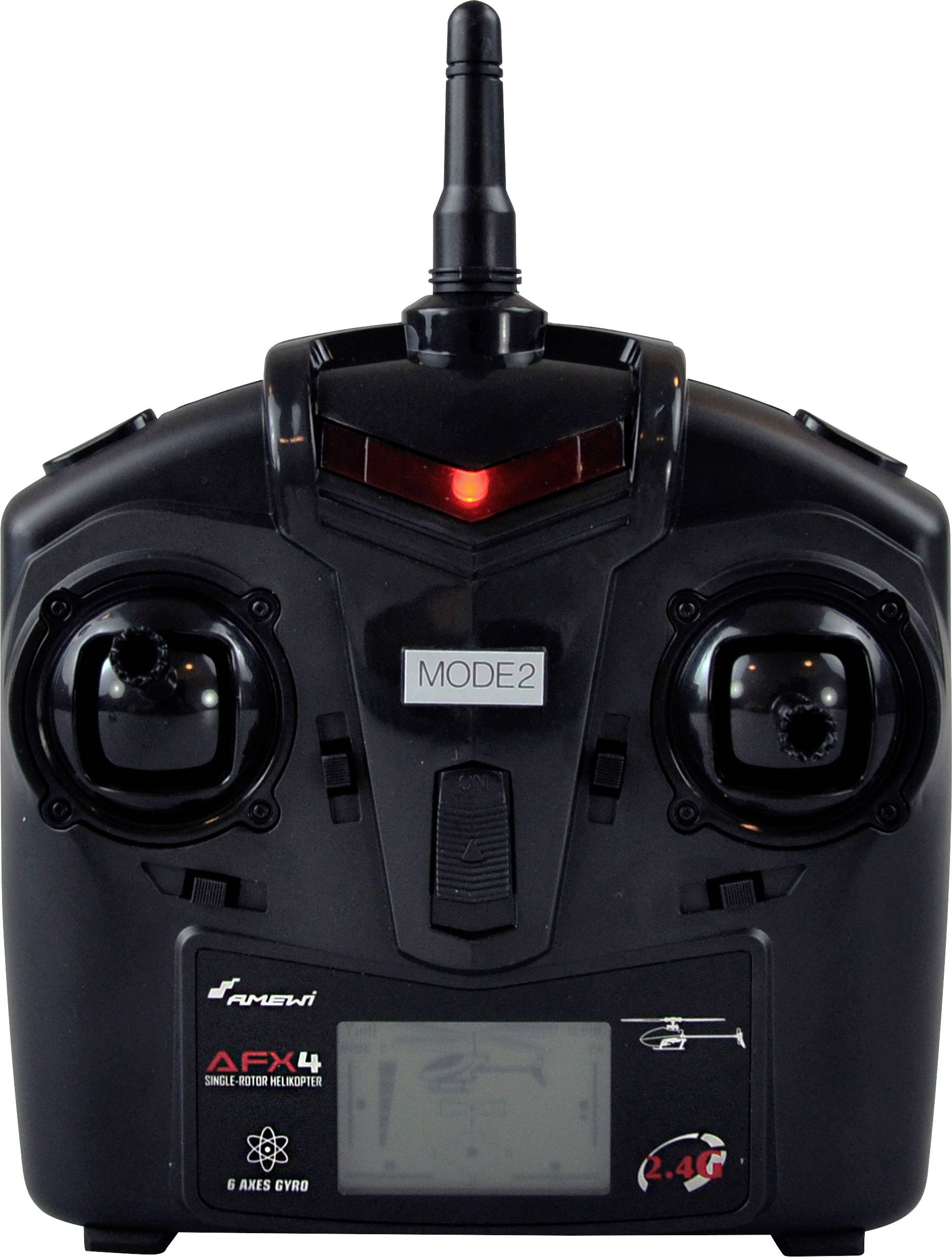 Remote control with two control sticks, LED display and black casing. 'MODE2' marking visible. Compatible with helicopters.