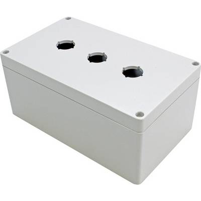 White plastic box with three round recesses on the top surface, likely intended for switches or buttons.