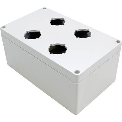 White plastic box with four round openings on the top surface, suitable for mounting switches or connections.