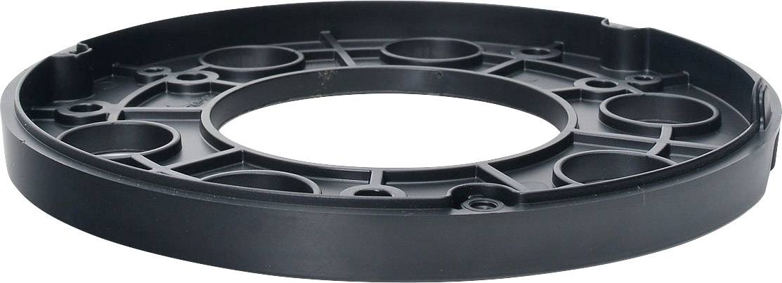 A black plastic ring with several circular recesses and a large central hole, used as a mechanical component.