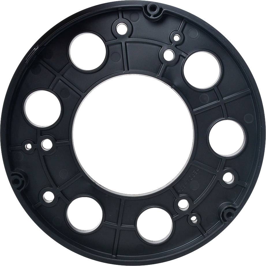 Round black plastic part with multiple holes of varying sizes, likely a component or mounting bracket.