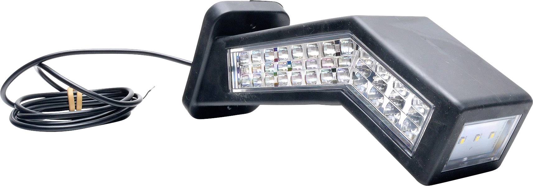 LED work light with L-shaped housing and cable, suitable for use on vehicles or agricultural machinery.