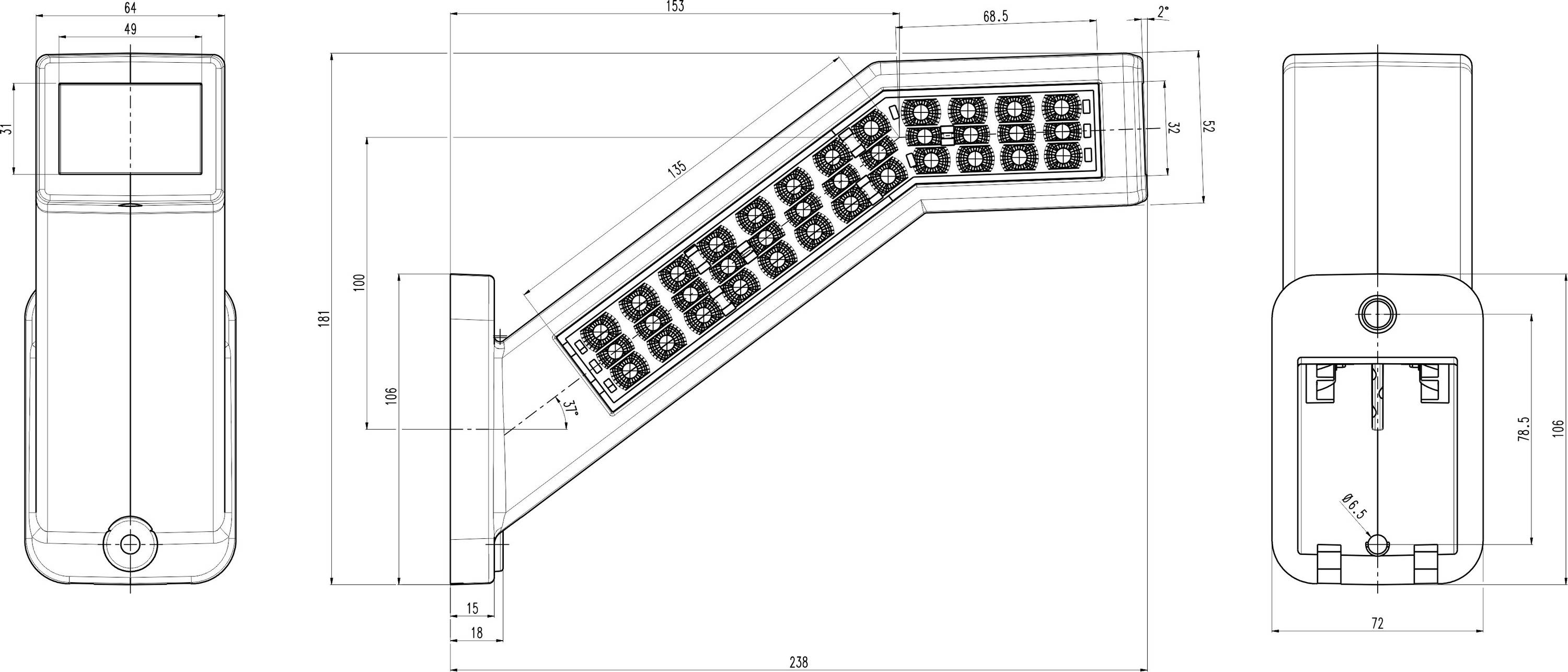 Technical drawing of an LED lamp housing with dimensions in millimetres, showing front, side, and top views.