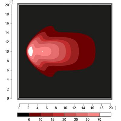 Elevation map shows increased distribution in red gradations from 8 to 18 metres in height, decreasing in intensity from the centre to the edges.