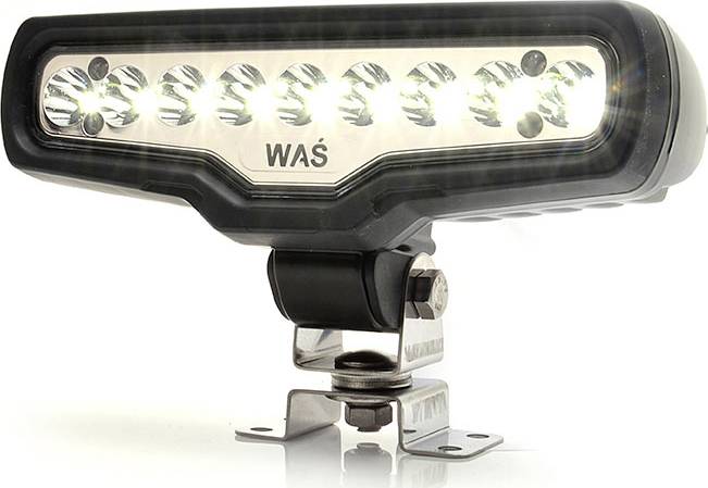 A LED work light with the inscription 'WAŚ', mounted on a bracket. The light features twelve illuminating LEDs.
