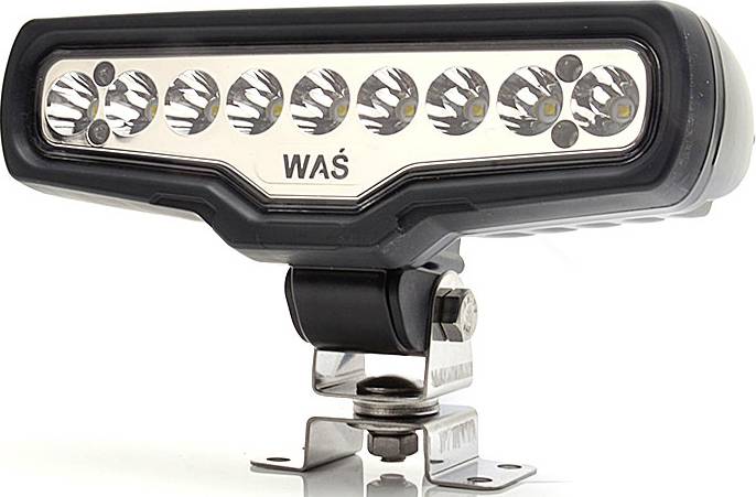 LED light with multiple lenses and the inscription 'WAŚ' on the front, mounted on a metal bracket.