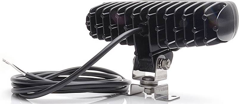 'Black LED light with cable and mount, side view.'