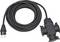 Black extension cord with coiled cable, two-prong plug, and weatherproof multi-outlet end on a white background.