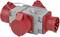 A red and grey multi-socket adaptor with two power sockets and one plug, suitable for industrial applications.