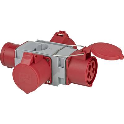 Red industrial electrical socket box with multiple covered outlets and hinged lids on a gray mounting body, shown on a white background.