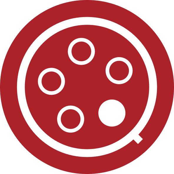 Red circular icon with a white ring and five smaller circles inside, resembling a magnified cluster or network symbol.<br>