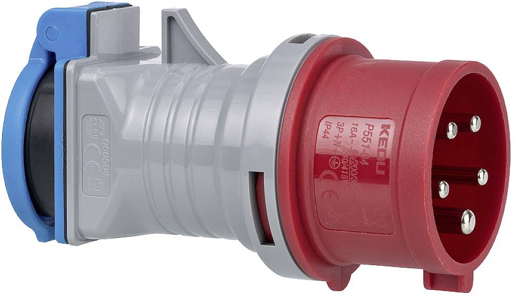 Industrial connectors, grey with a red housing, showing male pins, suitable for high-voltage applications.