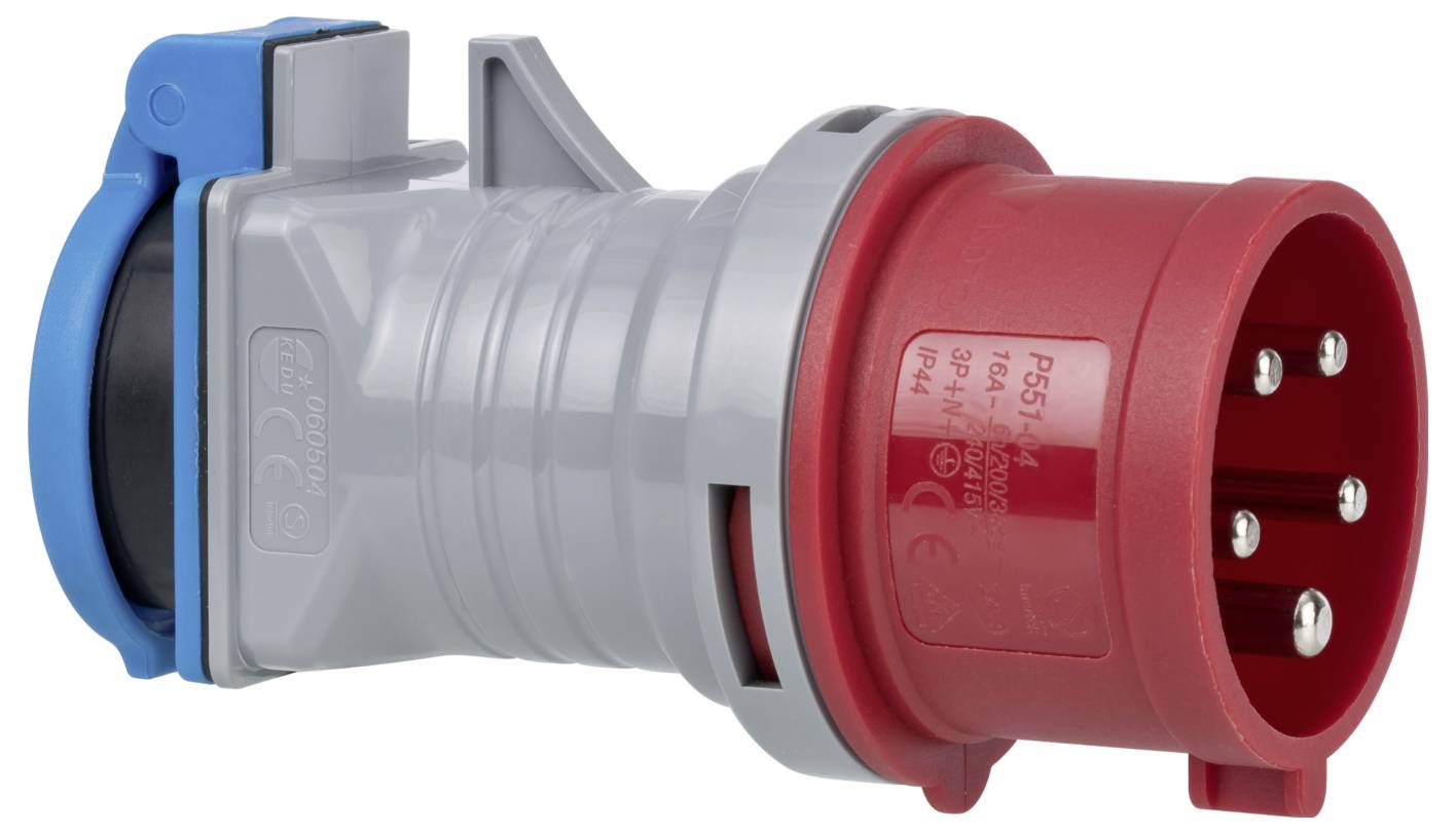 Red industrial electrical plug adapter with blue handle and red socket end on a white background.