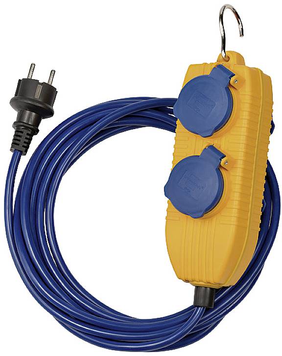 Yellow extension cable with two blue sockets and a hook for hanging. Ideal for mobile outdoor use.