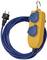 Yellow extension cable with two blue sockets and a hook for hanging. Ideal for mobile outdoor use.