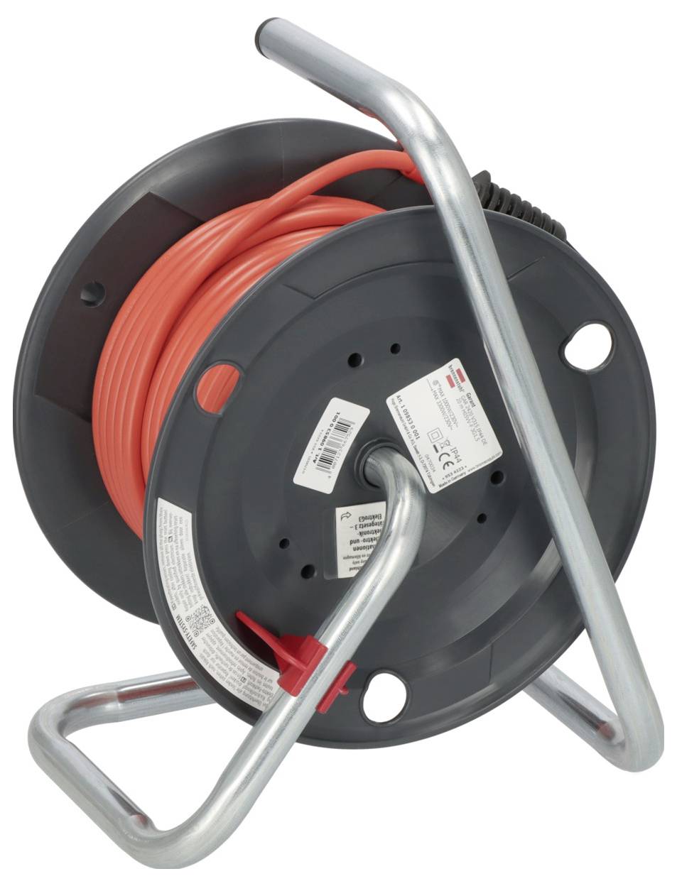 Orange extension cord wound on a black cable reel with a silver metal frame handle.<br>
