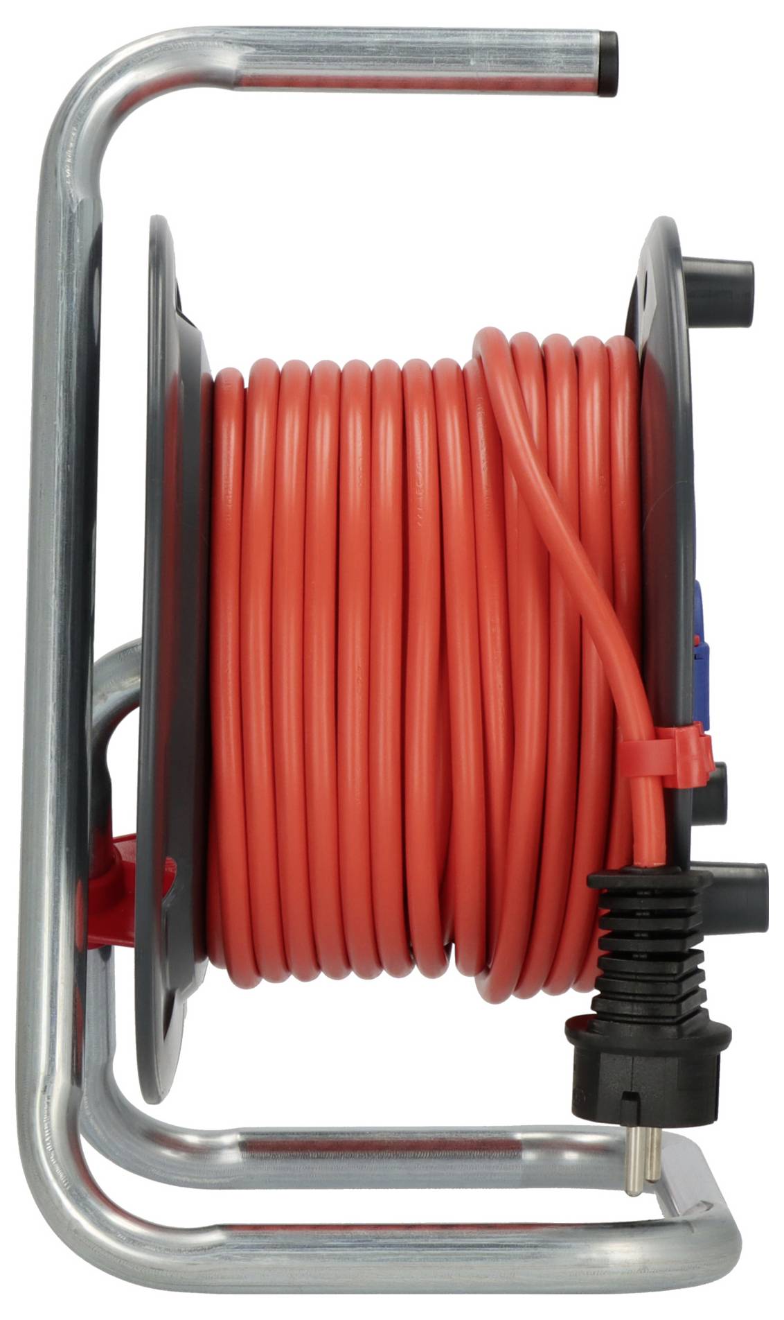 Portable hose reel with coiled red hose on a metal frame, featuring a side handle and black connector assembly.