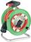 Green cable reel with red cable, black plug and silver handle on metal frame.