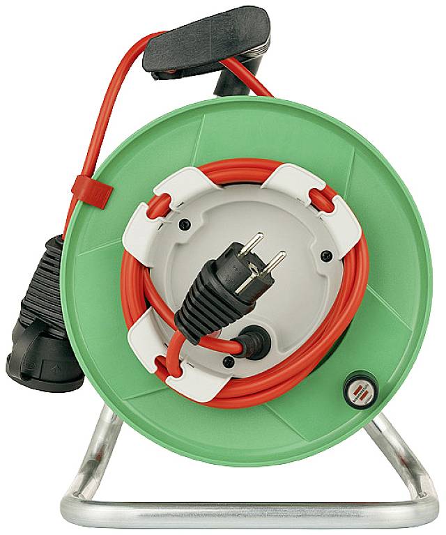 A green cable reel with a red cable, plug and socket. It stands on a metal frame, suitable for outdoor use.