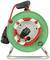 A green cable reel with a red cable, plug and socket. It stands on a metal frame, suitable for outdoor use.