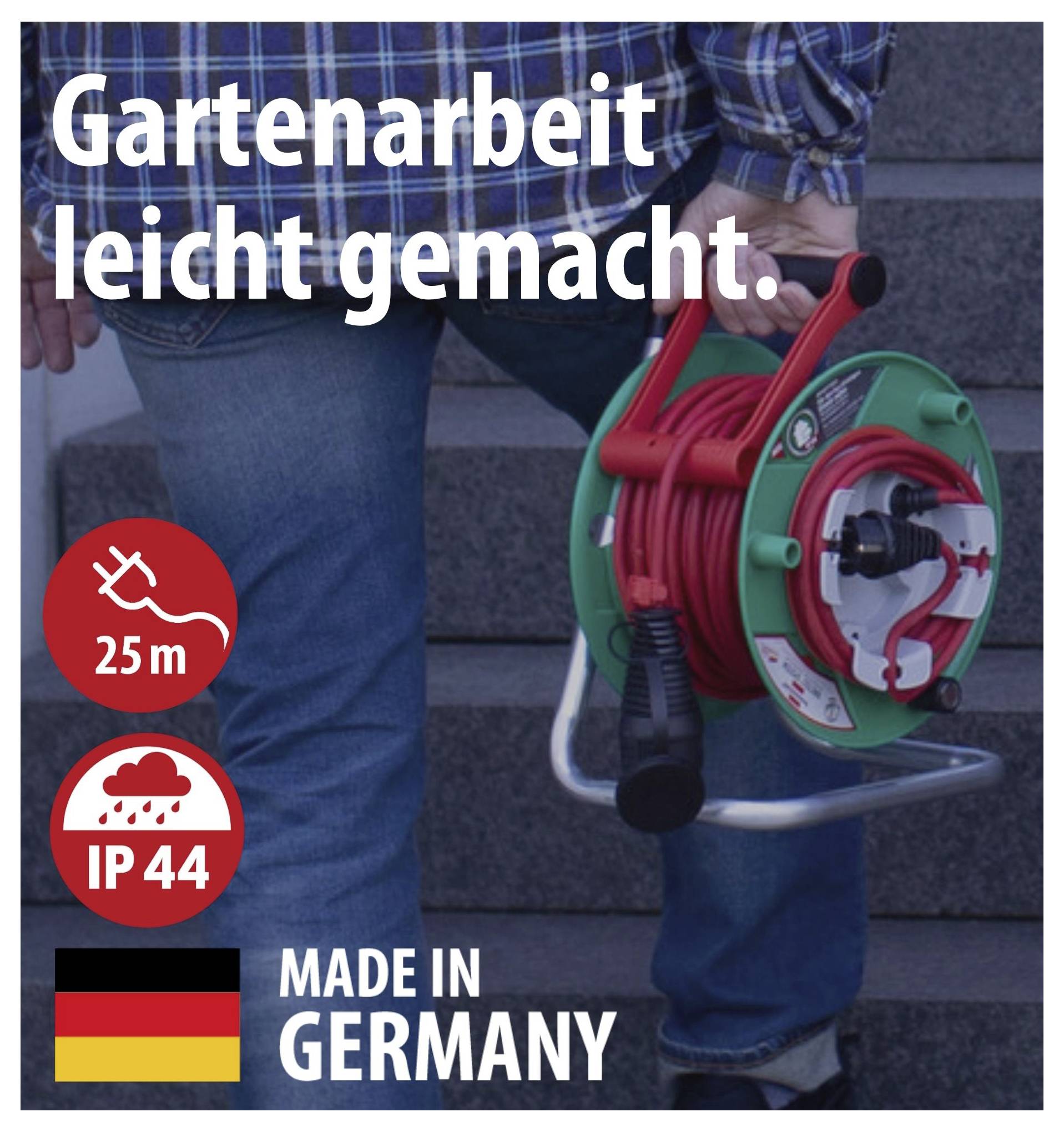 Advertising poster for a garden cable: Person holding a cable reel; Text 'Gardening made easy', 25 m, IP44, 'Made in Germany'.