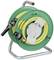 Green plastic hose reel with yellow garden hose and black connector. Suitable for garden irrigation.