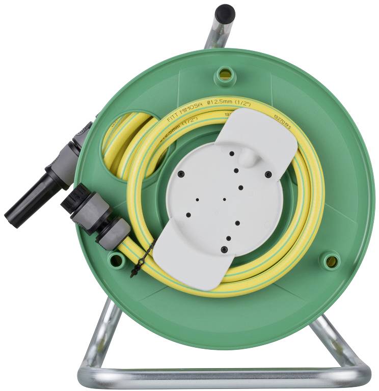 Green cable reel with yellow extension lead, mounted on a metal frame, suitable for outdoor or indoor use.