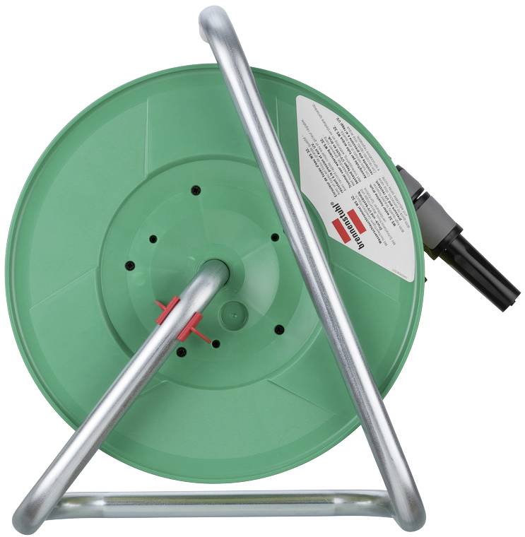 Green hose reel with silver frame, black connector and label specifying usage and safety warnings.