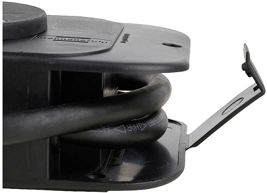 A black cable drum lid with a protruding cable and an open hinged cover.