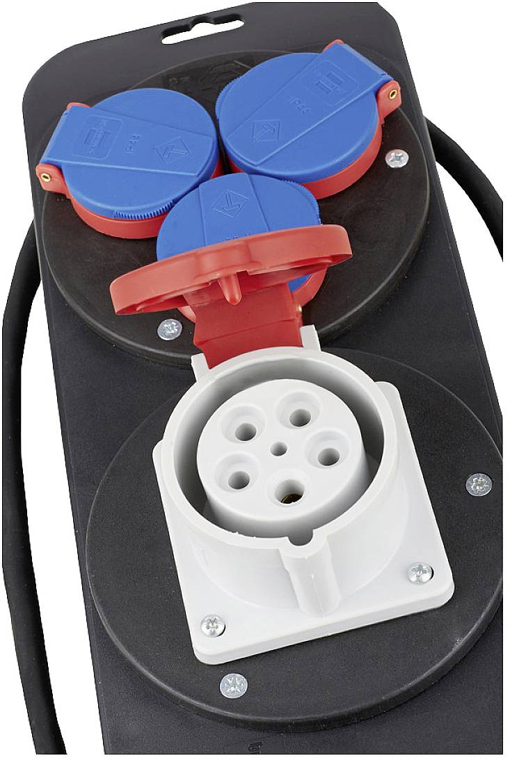 A black adapter panel with three blue CEE sockets and a white, round industrial socket at the bottom.
