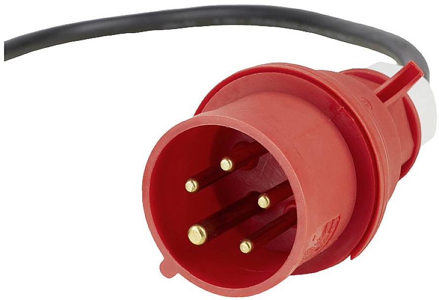 Red CEE plug with five pins and a cable.
