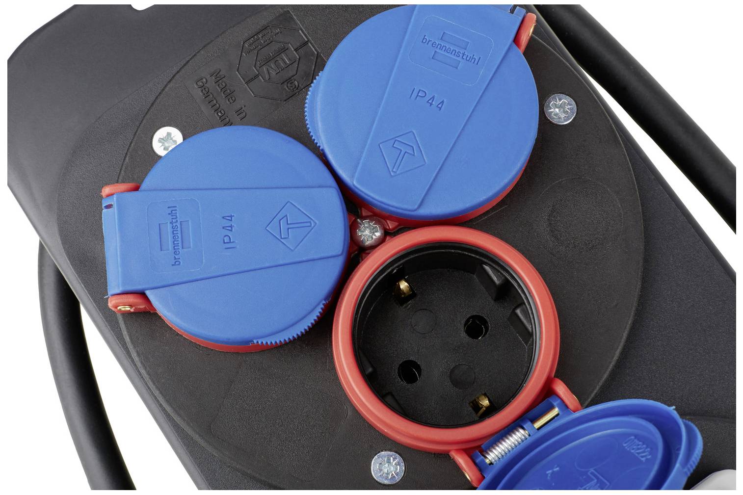 'Multi-socket extension with blue covers and an open earth pin, suitable for outdoor use with IP44 protection rating.'