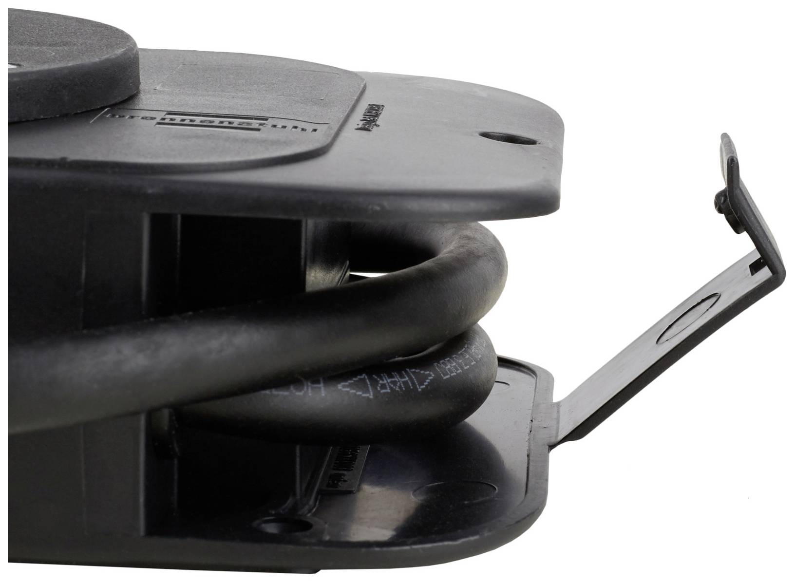 Close-up of a black electronic enclosure with a protruding cable and an open lid.