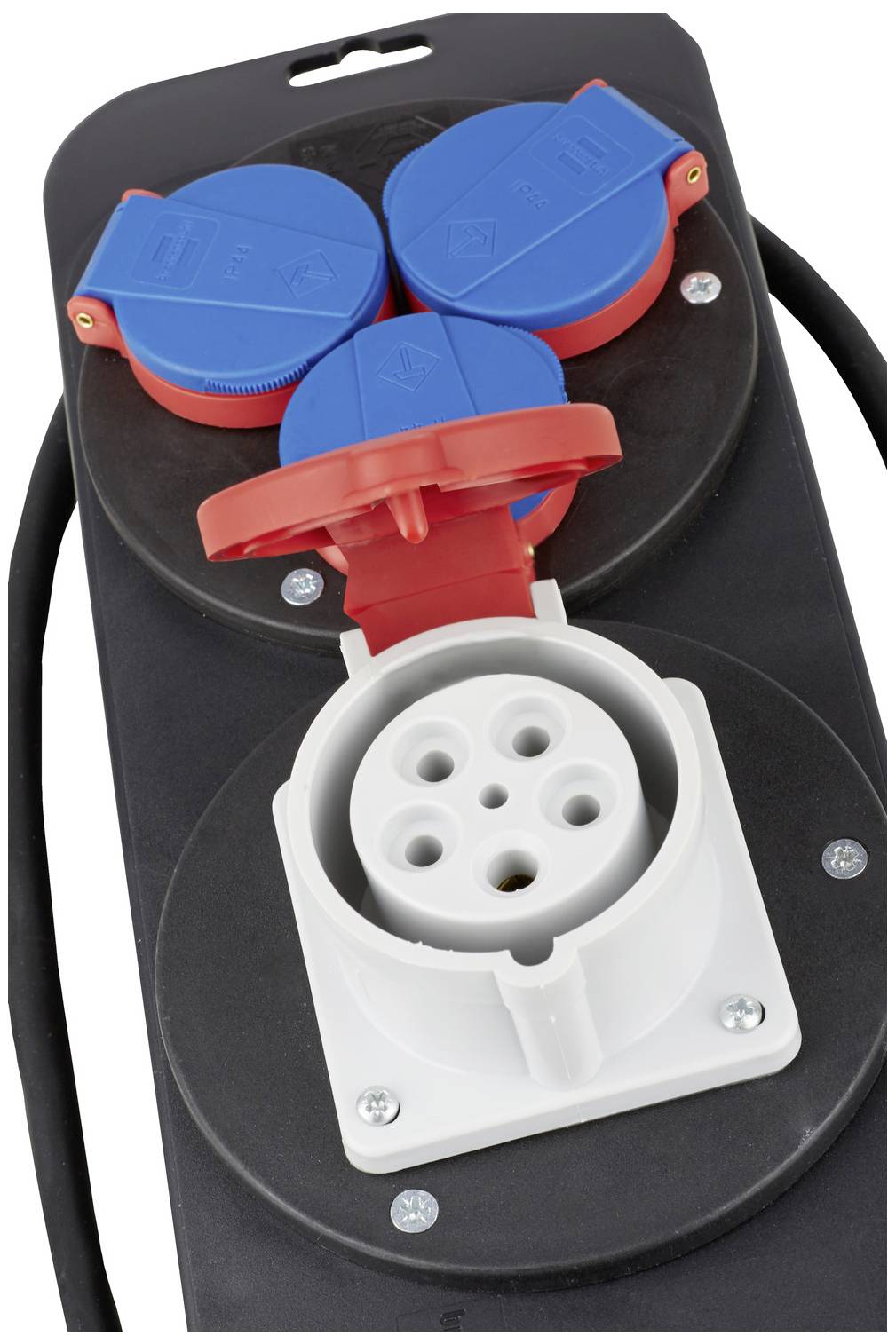 An electrical adapter with multiple blue and one red socket on a black base, suitable for industrial applications.