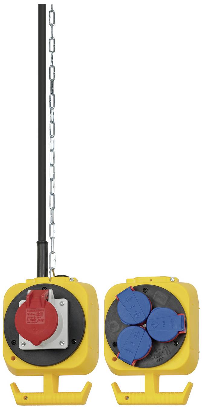Yellow power strip with black accents, featuring three blue and one red socket. Suspended from a chain and black cable.
