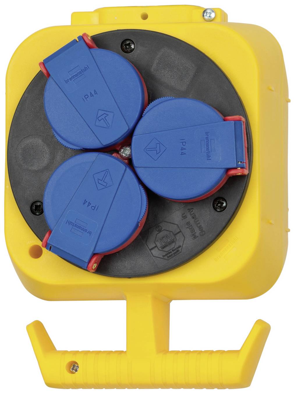 Yellow portable power strip with three socket outlets, blue cover, and carrying handle. Suitable for outdoor use.