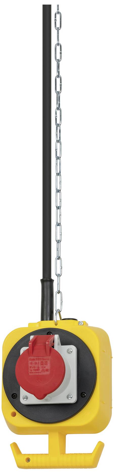 Yellow industrial switch with red lever, mounted on metal chain and black cable, used for emergency stop situations.