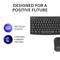 'Keyboard and mouse with text above: Developed for a positive future. Symbols on the left: recycled plastics, certified carbon neutral.'