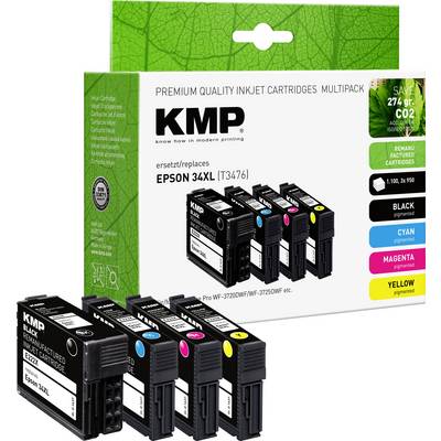 'KMP Premium Quality Inkjet Cartridges Multipack' for Epson 34XL, includes black, cyan, magenta, yellow cartridges. Eco-friendly packaging.
