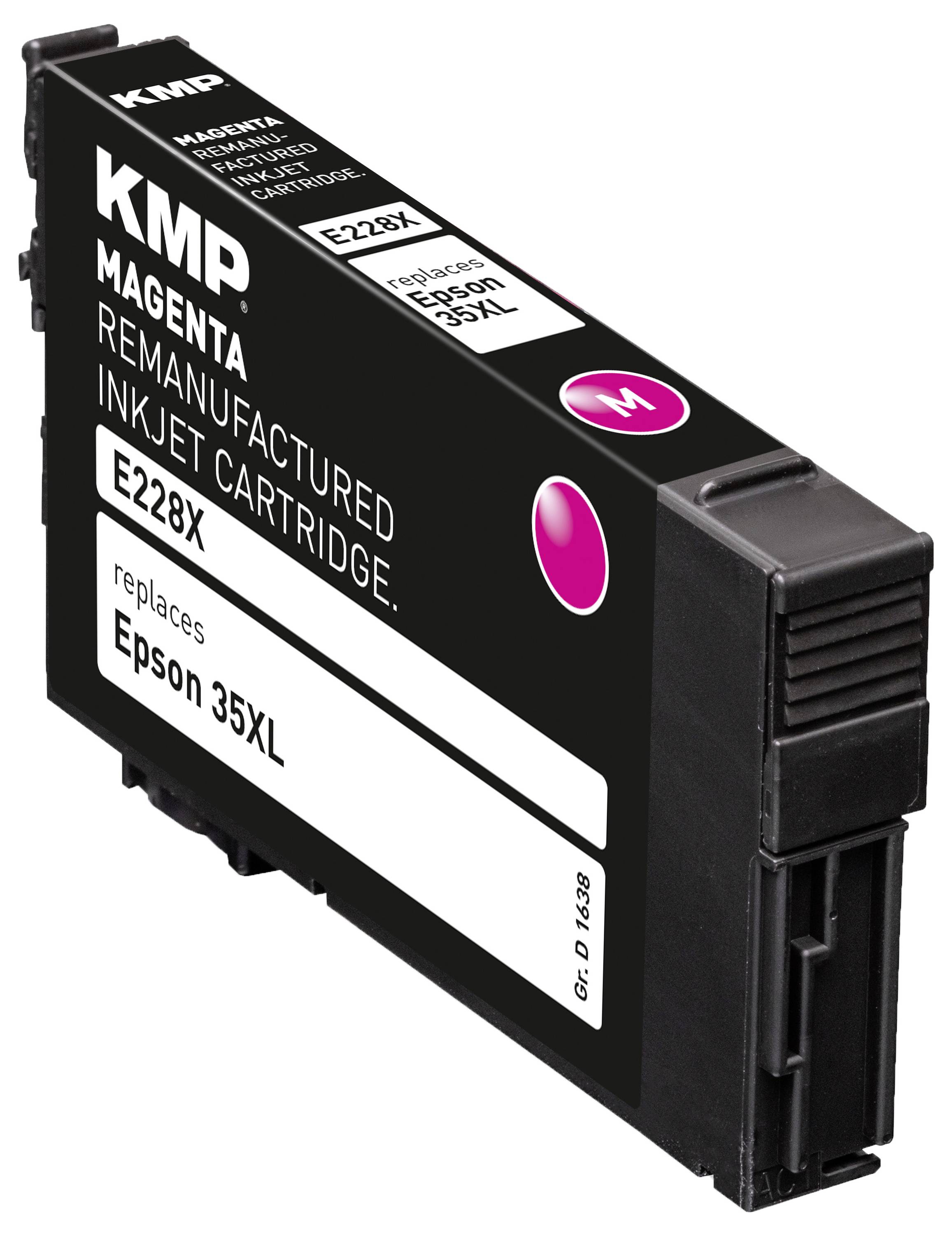 'KMP Magenta Remanufactured Inkjet Cartridge E228X, replaces Epson 35XL' with a black and magenta color scheme.