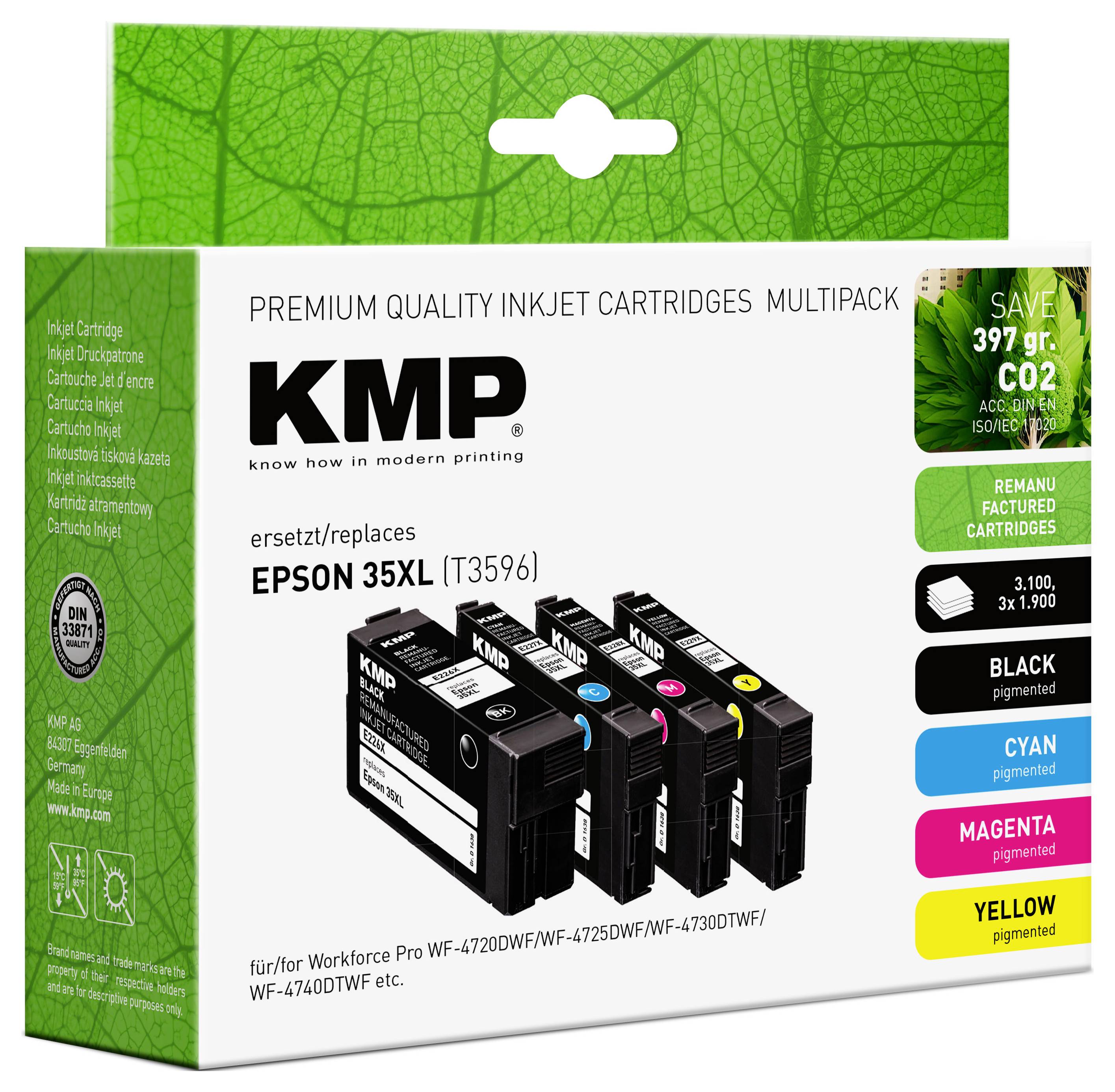 'KMP Premium Quality Inkjet Cartridges Multipack' for EPSON 35XL. Contains 2 black, 1 cyan, 1 magenta, 1 yellow. Saves 397g CO2.