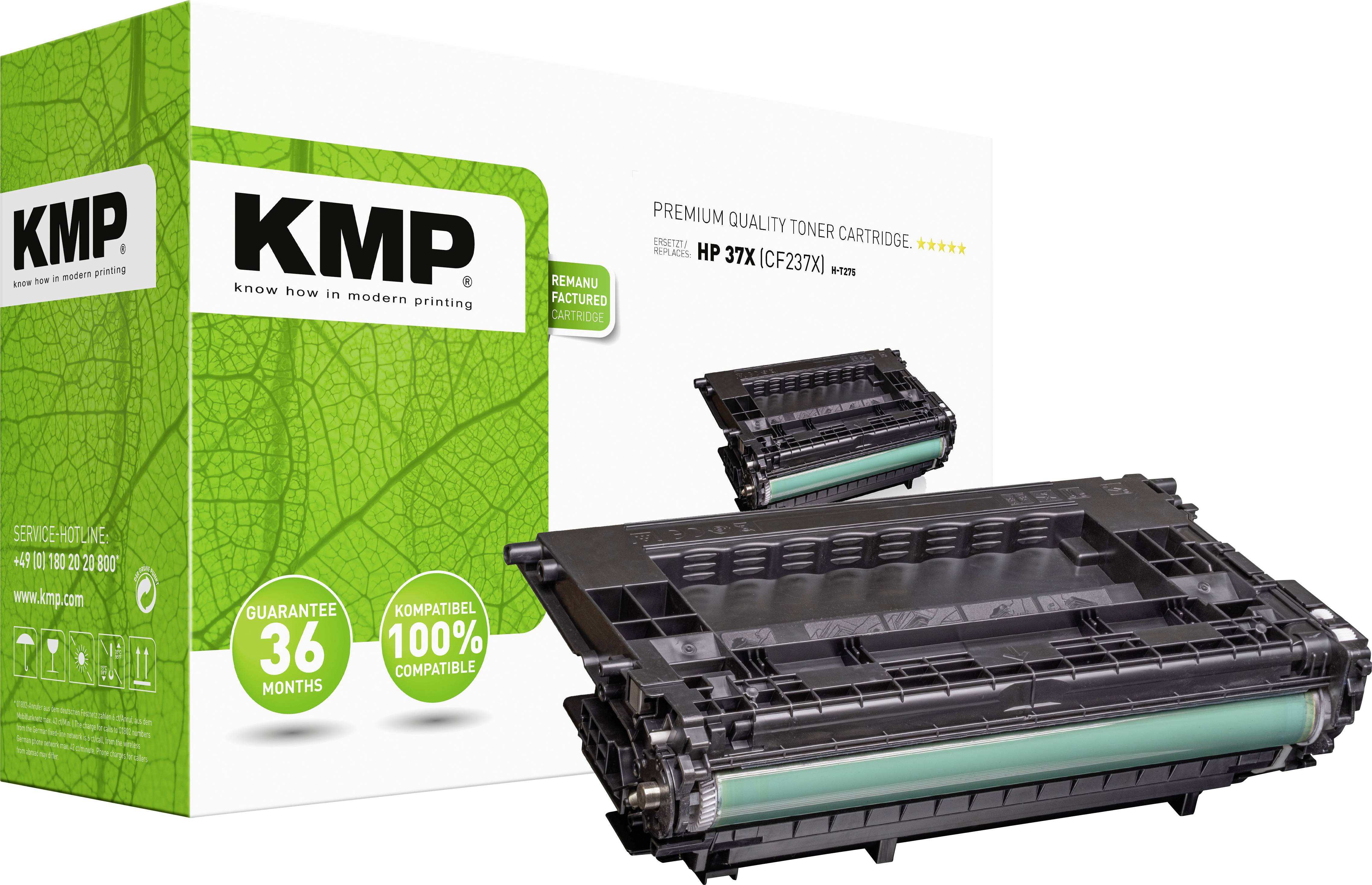 'KMP Premium Quality Toner Cartridge, compatible with HP 37X (CF237X), 36 months warranty.' Cartridge in front of green and white packaging.
