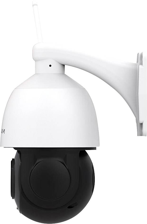 Security camera with wall mount, white casing, black lens, angled to a side viewing perspective.