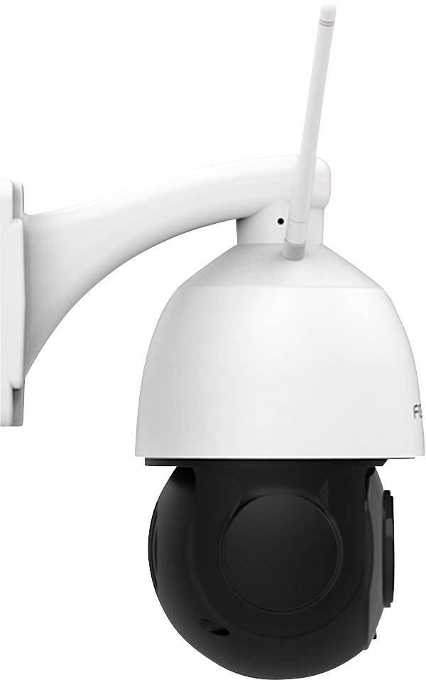 Surveillance camera mounted on a wall bracket, showing a pivoting white dome with a black housing and an antenna.