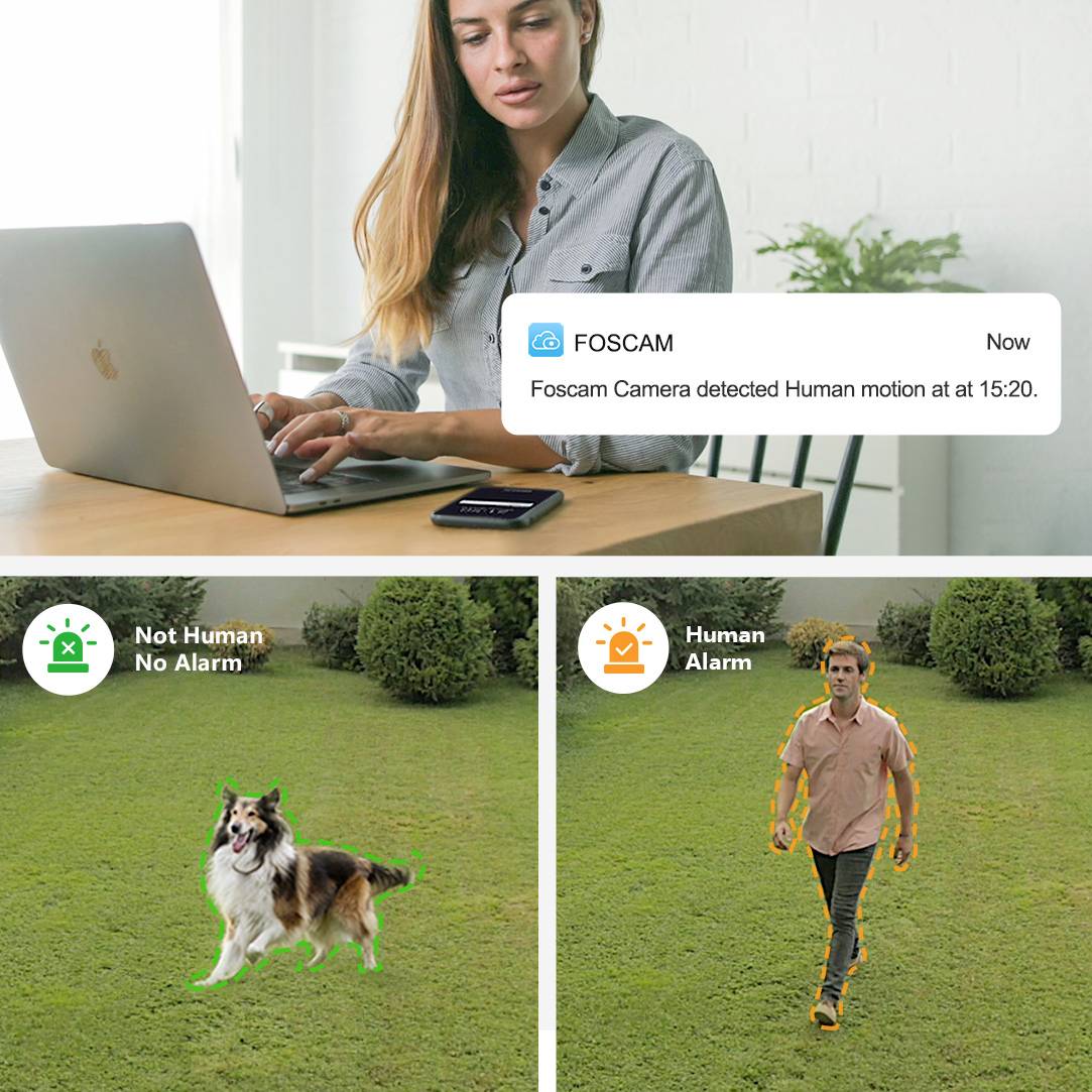A woman is working on a laptop. A notification shows: 'Foscam camera detected movement at 15:20'. Below: Dog without alarm, man with alarm.