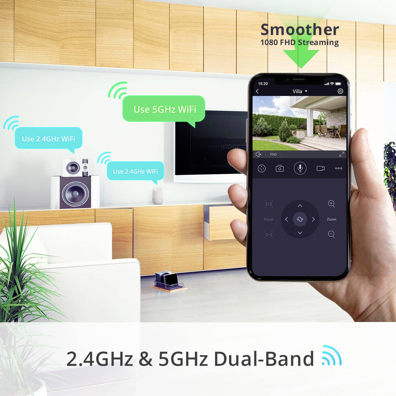 Smartphone displaying villa surveillance camera on screen. Text: '2.4GHz & 5GHz Dual-Band' indicates wireless connection.