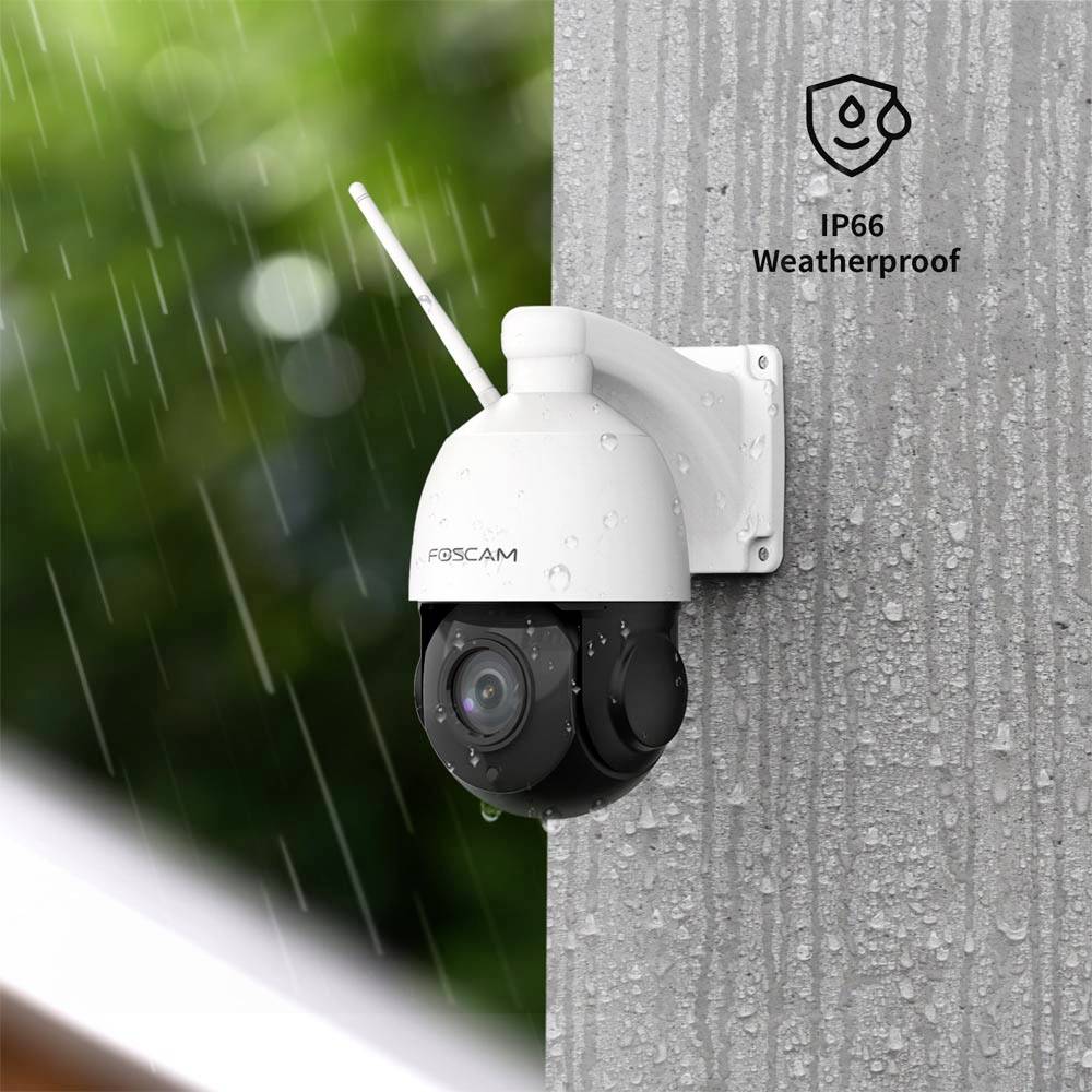 Wall-mounted security camera with an IP66-rated weatherproof design, specifically engineered for robust outdoor use and protection against harsh environmental conditions.