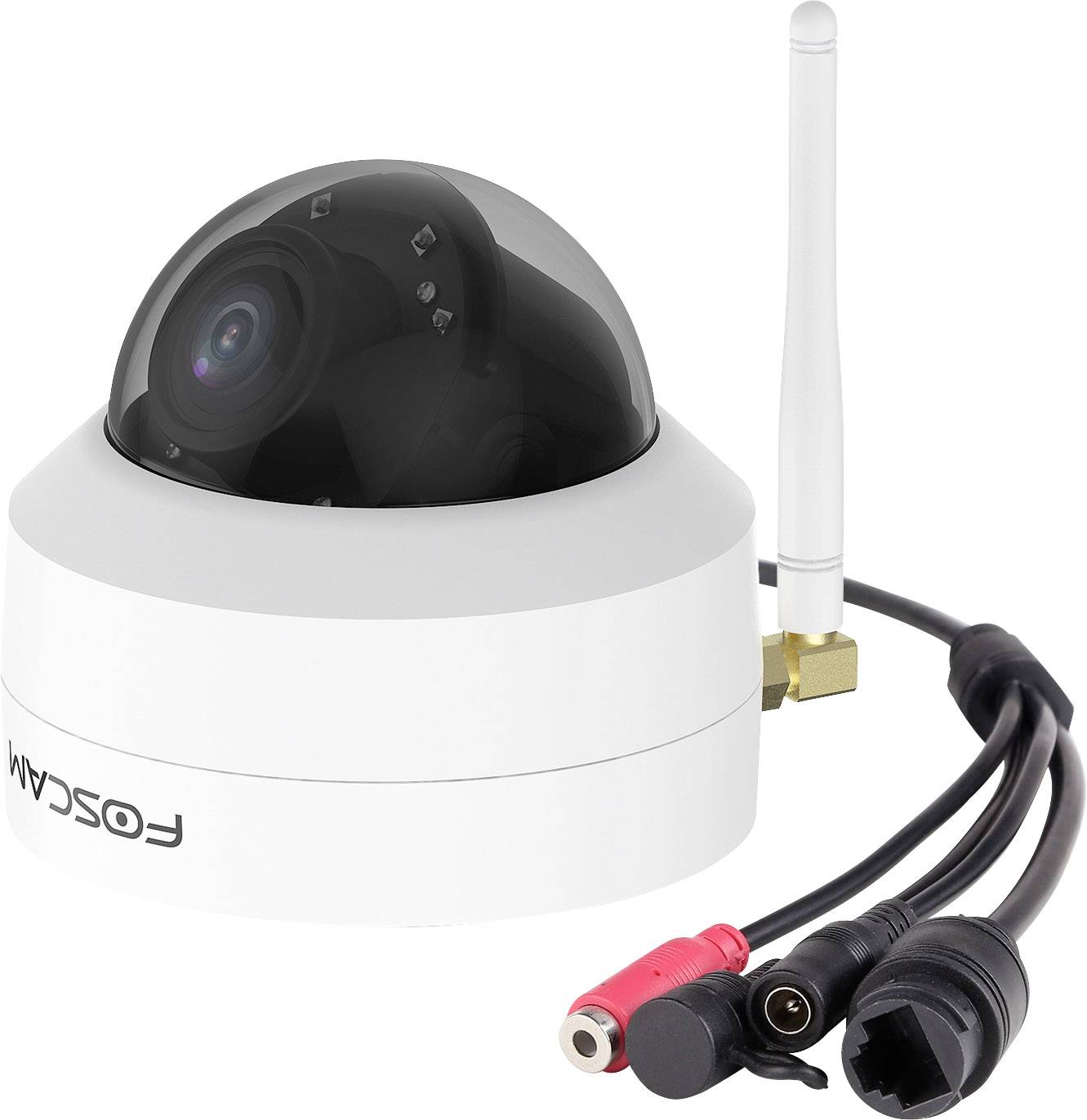 Dome-style surveillance camera with a white casing and mounted antenna; with various connection cables beneath it.