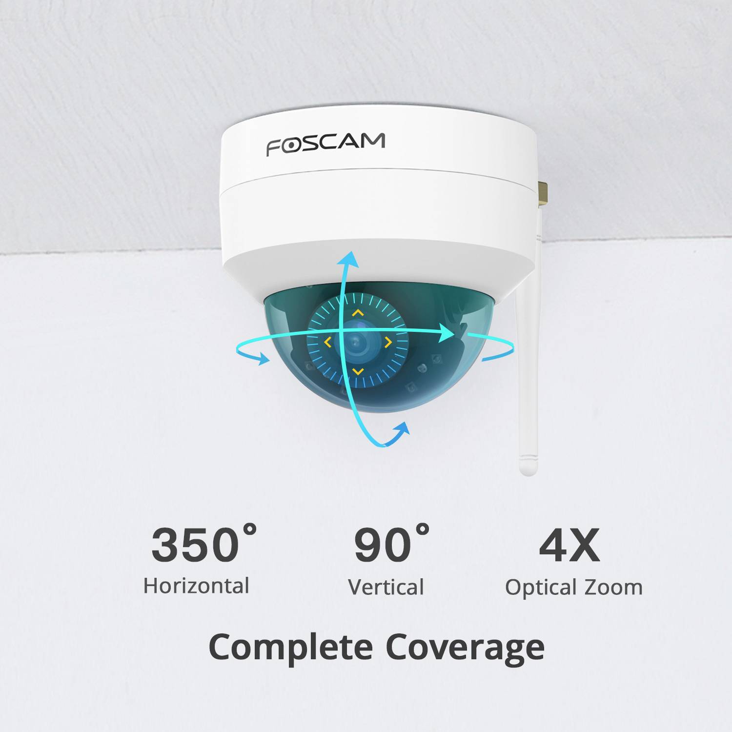 Surveillance camera with 350° horizontal, 90° vertical rotation and 4X optical zoom for complete coverage.